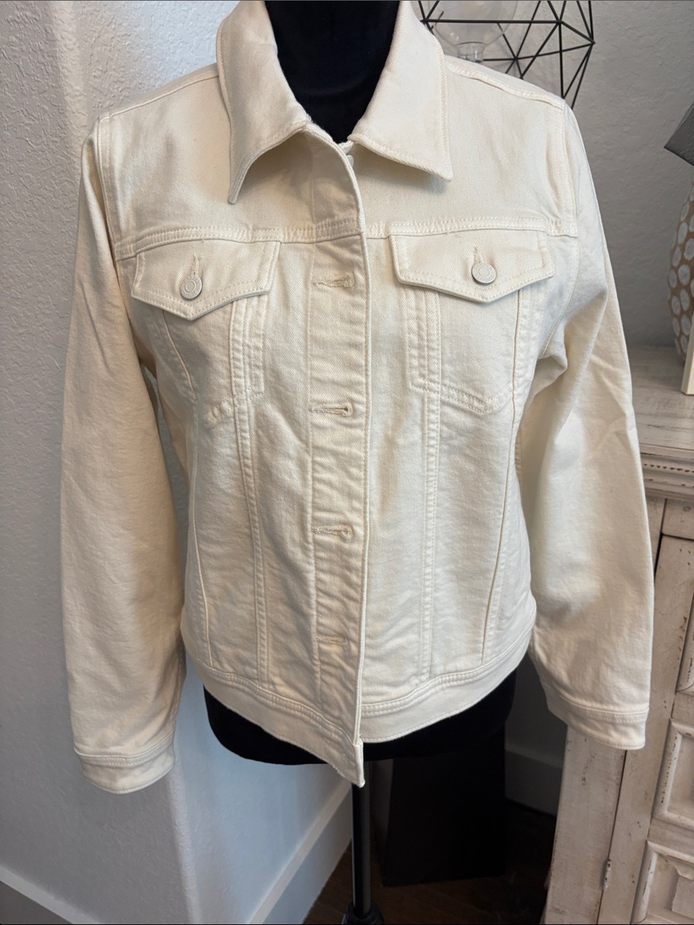 Francesca's Collections Cream Denim Jacket - Button-Front Trucker